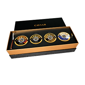 Four-piece luxury caviar set including Imperial, Premium, Smoked, and Classic caviar, 50g each, with free delivery in Singapore
