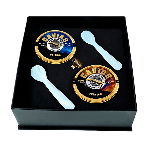 Lavish set of Beluga (50g) and Premium Caviar (50g) capturing Singapore's luxury dining culture.