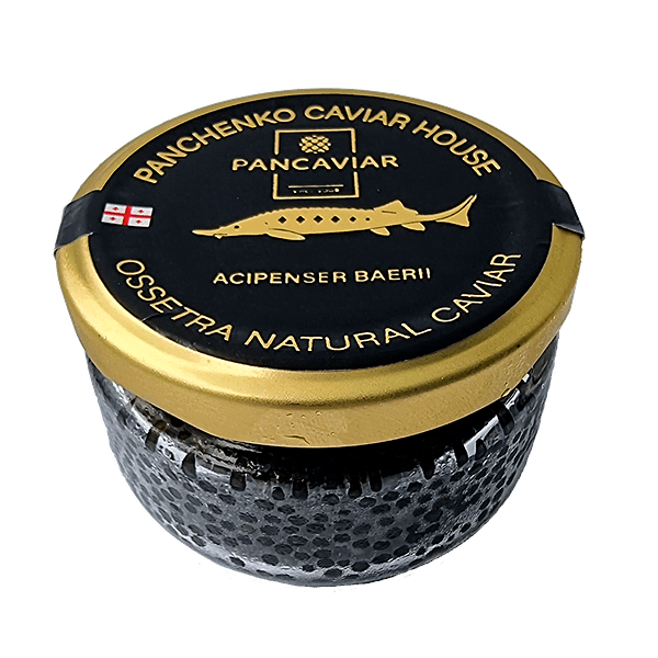 PanCaviar 110g - A jar of premium caviar with a lustrous black color, presented in an elegant packaging.