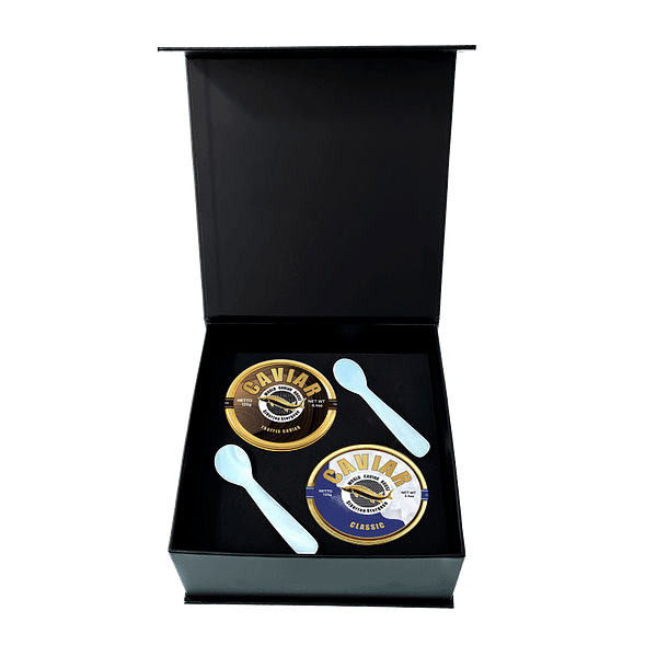 Two elegantly presented caviar tins showcasing rich Truffle Caviar and timeless Classic Caviar, each weighing 125g.