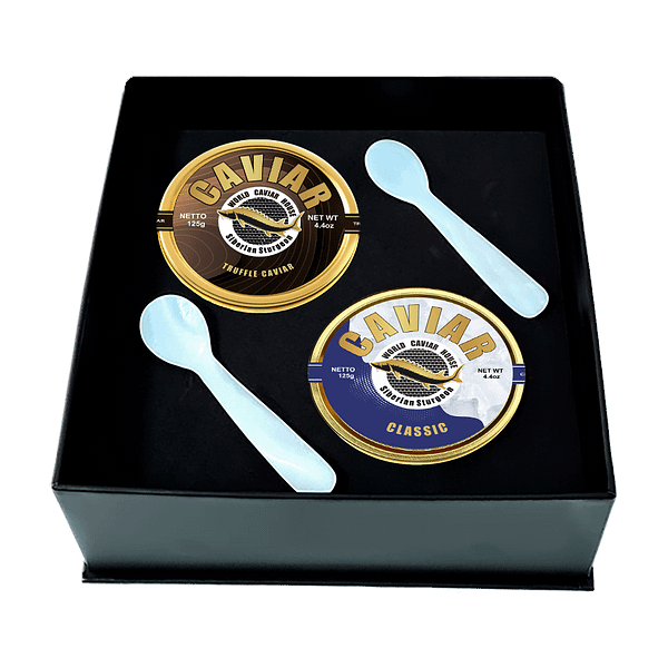 Premium Caviar Set featuring a fusion of aromatic Truffle and traditional Classic varieties, both sealed in 125g containers.