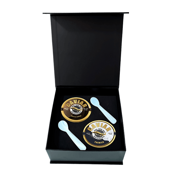 Exquisite set of gourmet caviar featuring Truffle Caviar and Premier selection, each in 125g servings, beautifully presented in elegant packaging