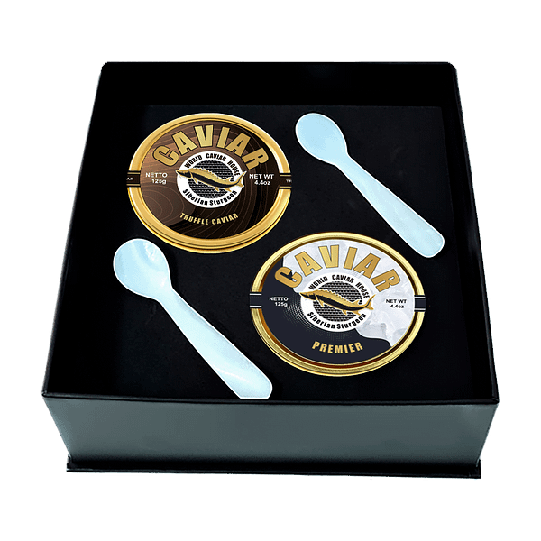 Two tins of luxurious caviar: truffle-infused caviar and premier grade, each weighing 125g.