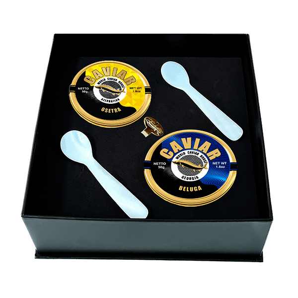 Elegant twin set of Beluga and Osetra caviar, each in 50g tins, available in Singapore - perfect for gourmet dining experiences.