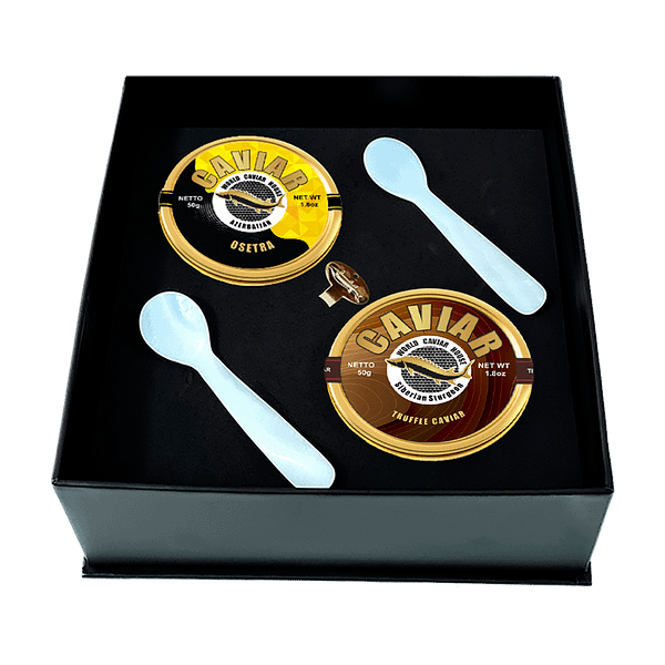 Elegant Osetra and Truffle Caviar 50g tins displayed, perfect for gourmet dining and luxury appetizers