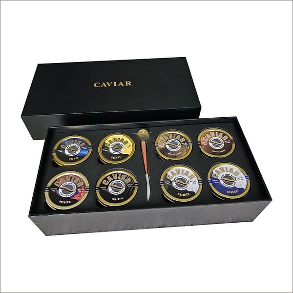 Eight distinct types of luxury caviar in 50g tins, featuring various textures and flavors, arranged in an elegant presentation