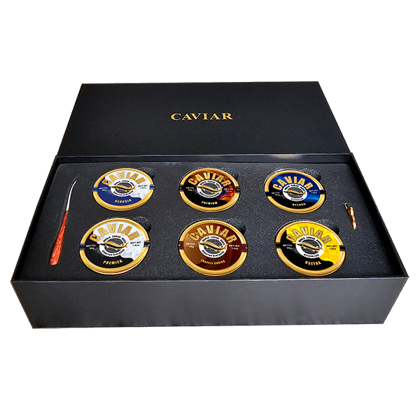 Six elegantly packaged tins of premium caviar, each weighing 50 grams, arranged tastefully against a luxurious backdrop, highlighting the exclusivity and gourmet quality of the product, available in Singapore.