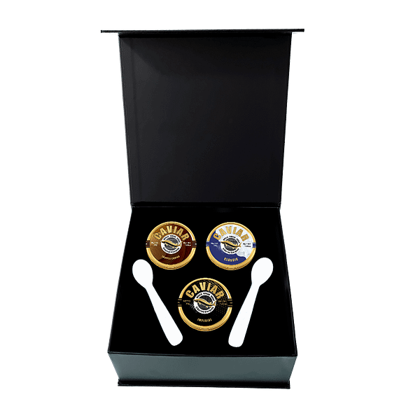 Assorted premium caviar set featuring Truffle Caviar, Imperial Caviar, and Classic Caviar, each weighing 30 grams, elegantly presented - a taste of luxury in Singapore.