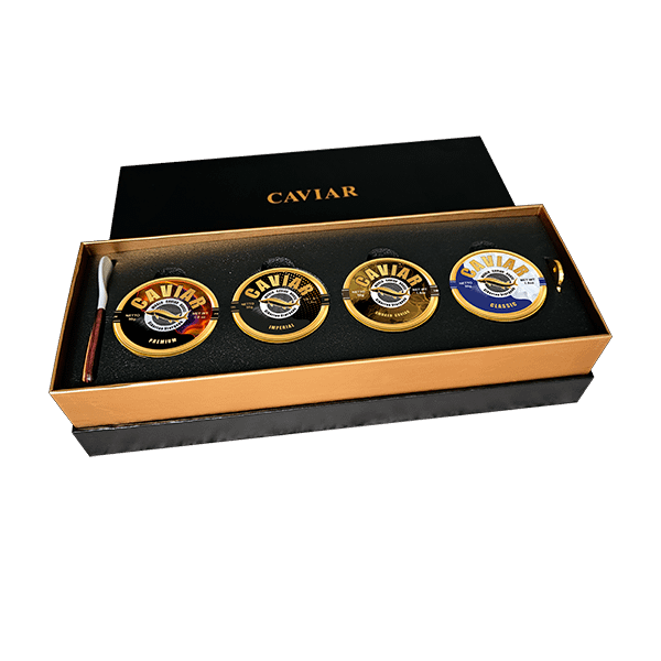 Four-piece luxury caviar set including Imperial, Premium, Smoked, and Classic caviar, 50g each, with free delivery in Singapore