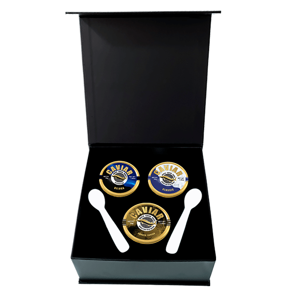Exquisite Caviar Selection featuring Beluga, Smoked, and Classic, 30g each, with free delivery in Singapore, perfect for luxury dining and gifting.