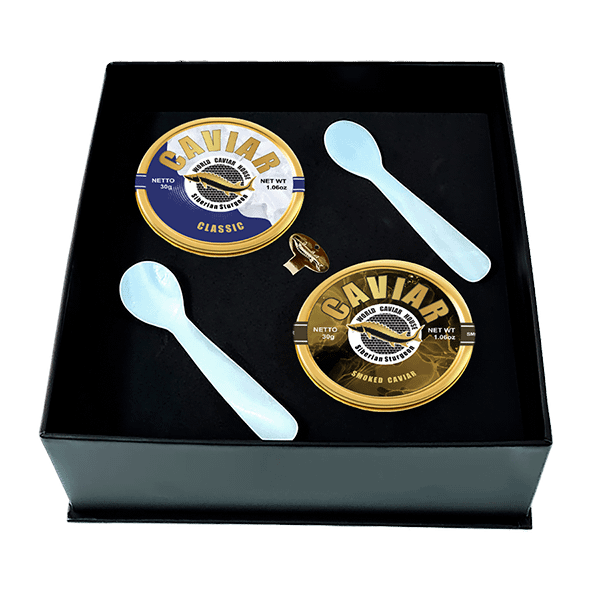 Premium Caviar Set: 30g each of Smoked and Classic varieties, elegantly packaged for a luxurious culinary experience