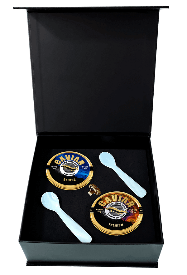 Beluga 50g and Premium 50g Caviar Set elegantly presented, representing Singapore's finest gourmet experience.