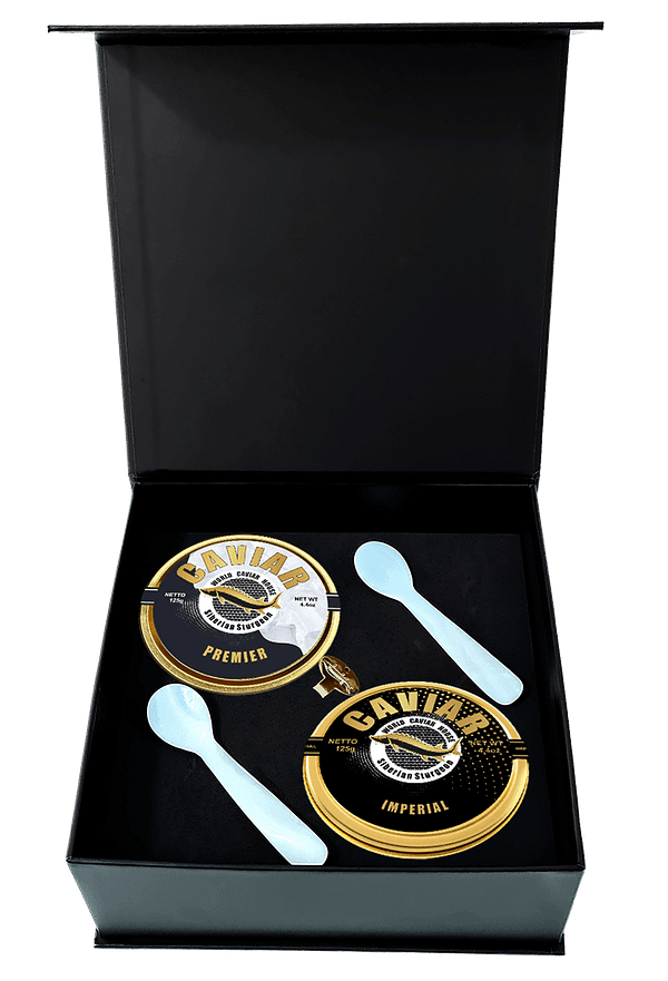 Decadent Imperial and Premier Caviar Set (125g) beautifully presented, signifying the epitome of luxury and gourmet cuisine in Singapore.