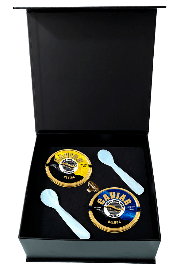 Two premium 50g tins of fresh Beluga and Osetra caviar showcased in Singapore, ideal for sophisticated culinary experiences.