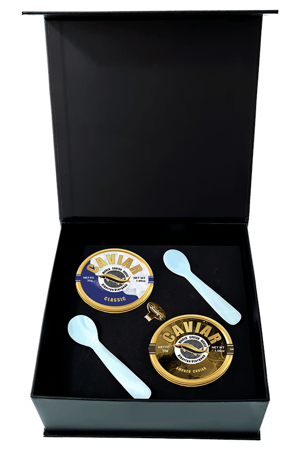 Deluxe Caviar Pairing: 30g Smoked and 30g Classic Caviar, in premium presentation box, ideal for connoisseurs and special celebrations